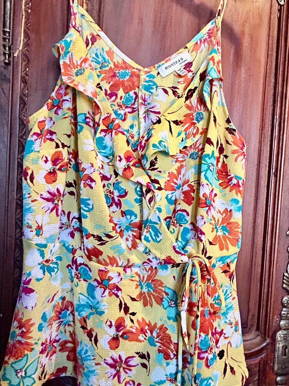 Monteau Yellow Floral Ruffle Tie-Front Cami